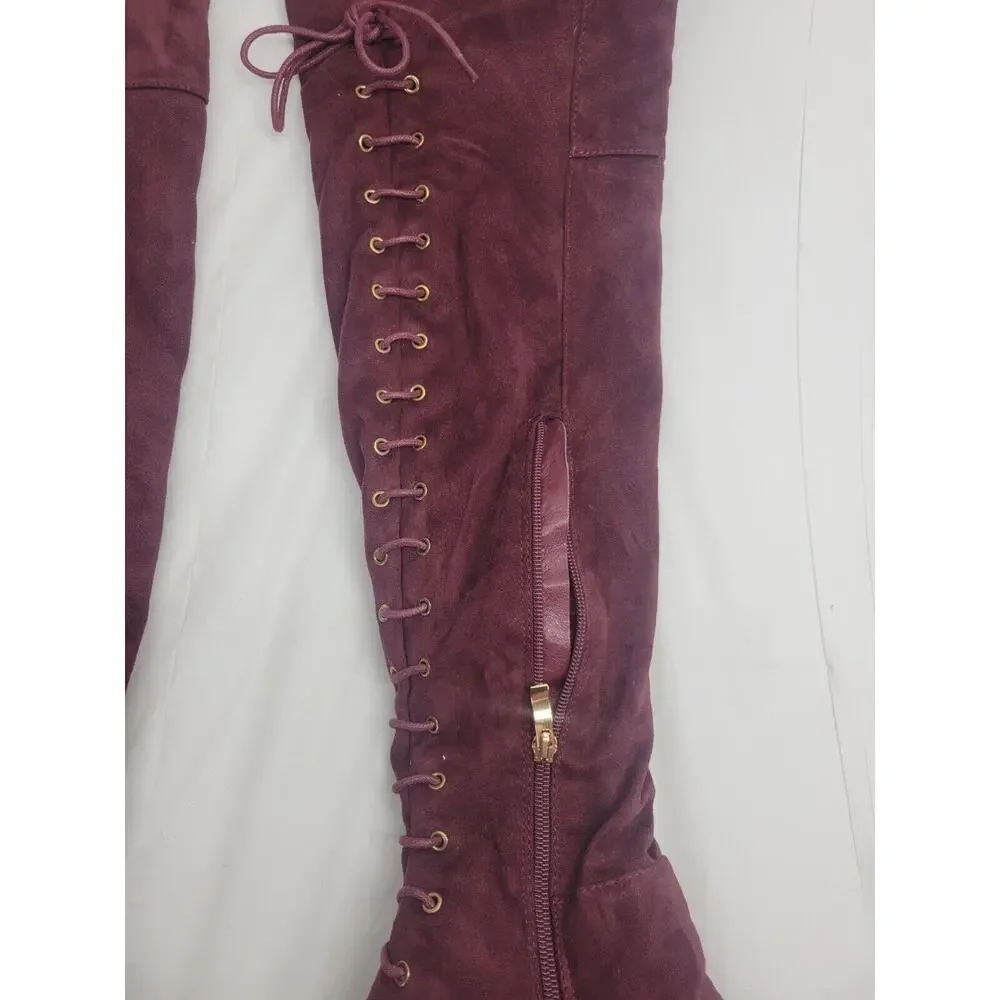 Indulge Size 7 Suede High Heel Over The Knee Boots Lace Up Zip Burgundy Maroon